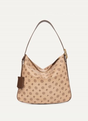 Beige Dkny The Medium Logo Optimist Women's Shoulder Bags | X0654411