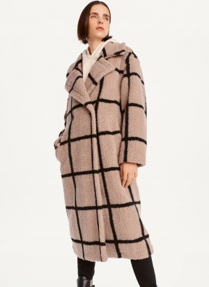 Beige Dkny Windowpane Sherpa Women's Jackets | F1212055