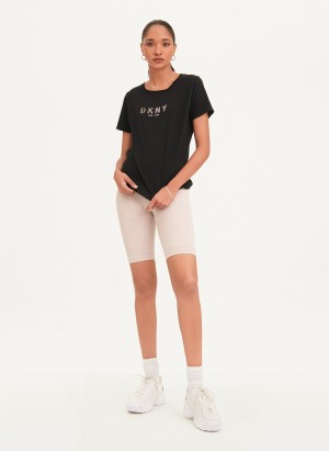 Black Dkny Crinkle Foil Spec Logo Women's T Shirts | F6459461