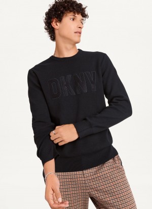 Black Dkny Faux Leather Applique Crew Men's Sweatshirts | I6517686
