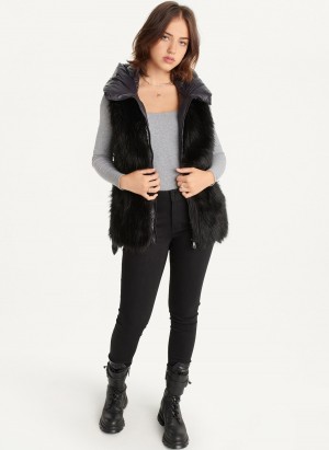 Black Dkny Hooded Puffer With Faux Fur Front Women's Vest | F9766106