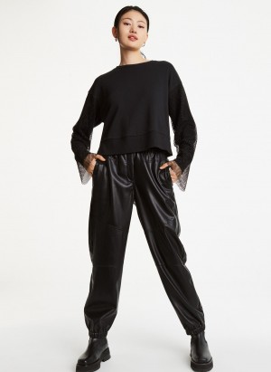 Black Dkny Long Sleeve With Crystal Mesh Overlay Sleeves Women's Sweatshirts | S1775354