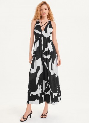 Black Dkny Printed Maxi Women's Dress | C3055396