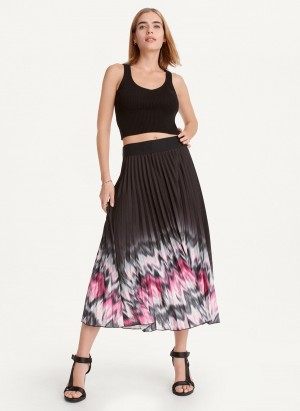 Black Dkny Printed Pleated Midi Women's Skirts | Z2102454