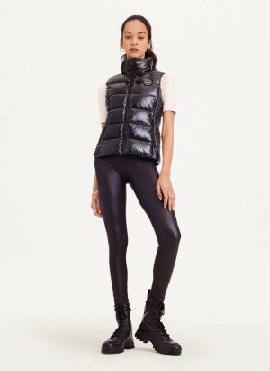 Black Dkny Wet Token Logo Puffer Women's Vest | Q1027734