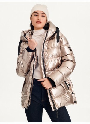 Gold Dkny Glossy Mid Length With Envelope Pockets Women's Puffer Jacket | Y1949962
