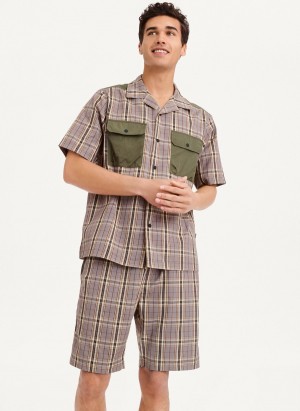 Olive Dkny Plaid/Solid Mixed Short Sleeve Knit Men's Shirts | G7367327