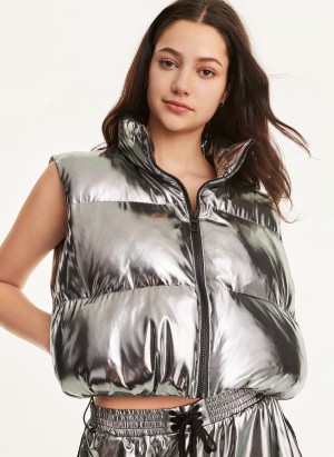 Silver Dkny Knit Silver Foil Puffer Women's Vest | M5132934