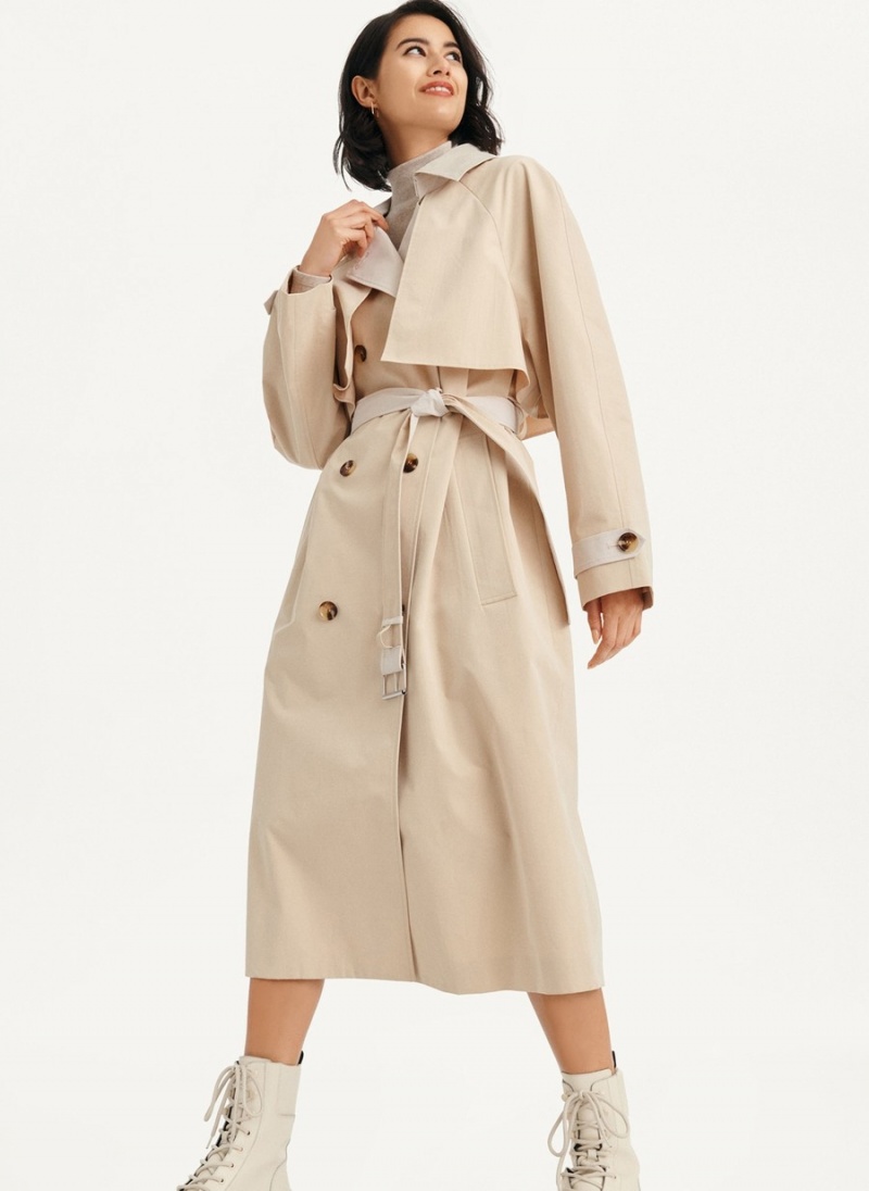 Beige Dkny Colorblocked Crinkle Women's Trench Coat | P6493259