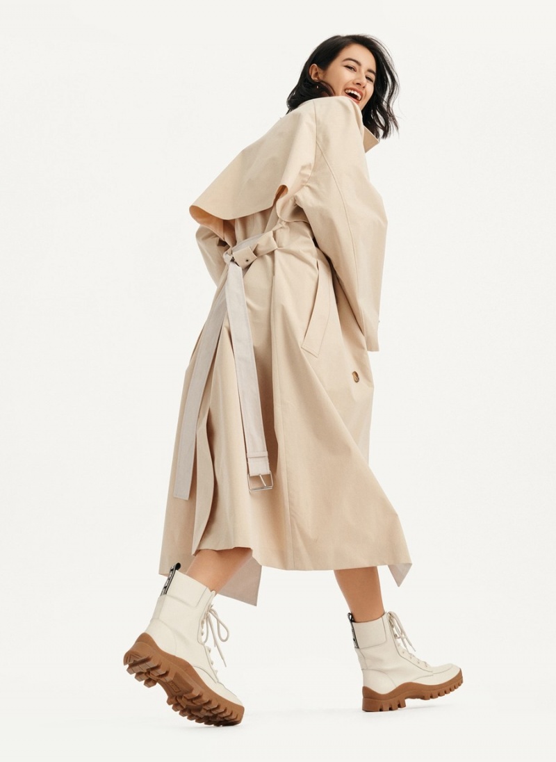 Beige Dkny Colorblocked Crinkle Women's Trench Coat | P6493259
