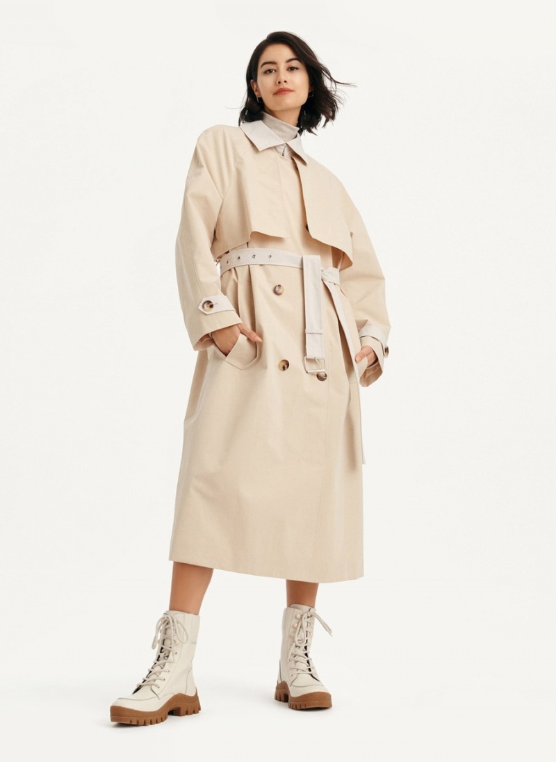 Beige Dkny Colorblocked Crinkle Women\'s Trench Coat | P6493259