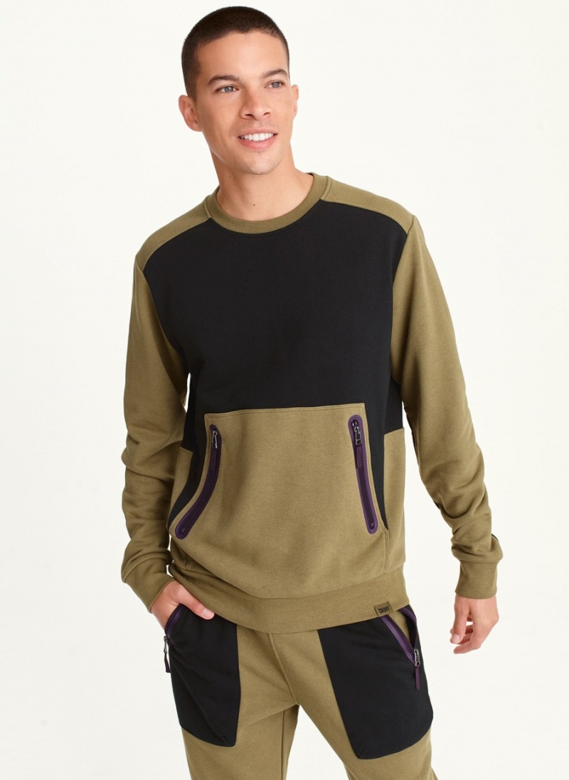 Black Dkny Color Block Crew Neck Men\'s Long Sleeve | V1389855