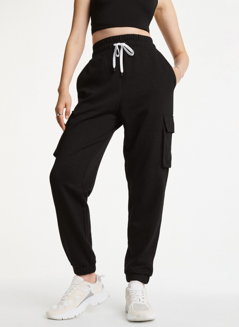 Black Dkny Cotton Jersey Cargo With Logo Embossing Women's Jogger | F1855206