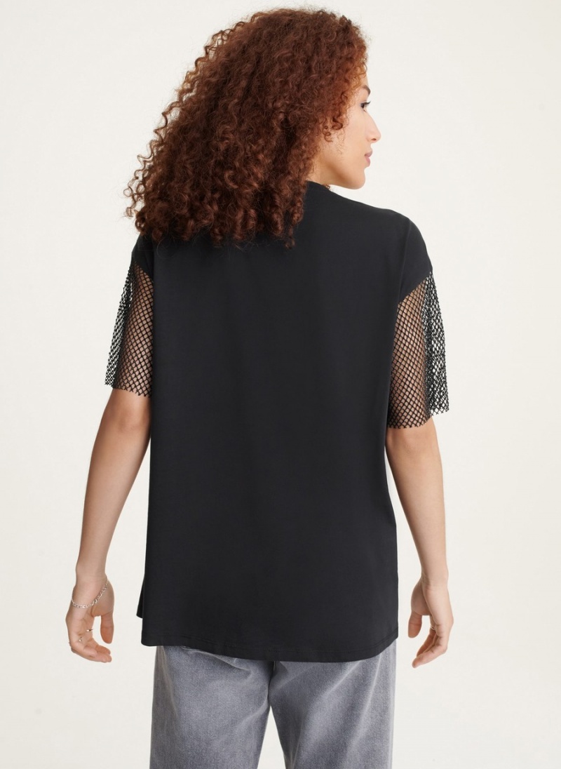 Black Dkny Short Sleeve Logo Drip With Crystal Mesh Sleeves Women's T Shirts | C2860030