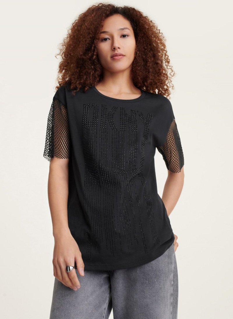 Black Dkny Short Sleeve Logo Drip With Crystal Mesh Sleeves Women's T Shirts | C2860030