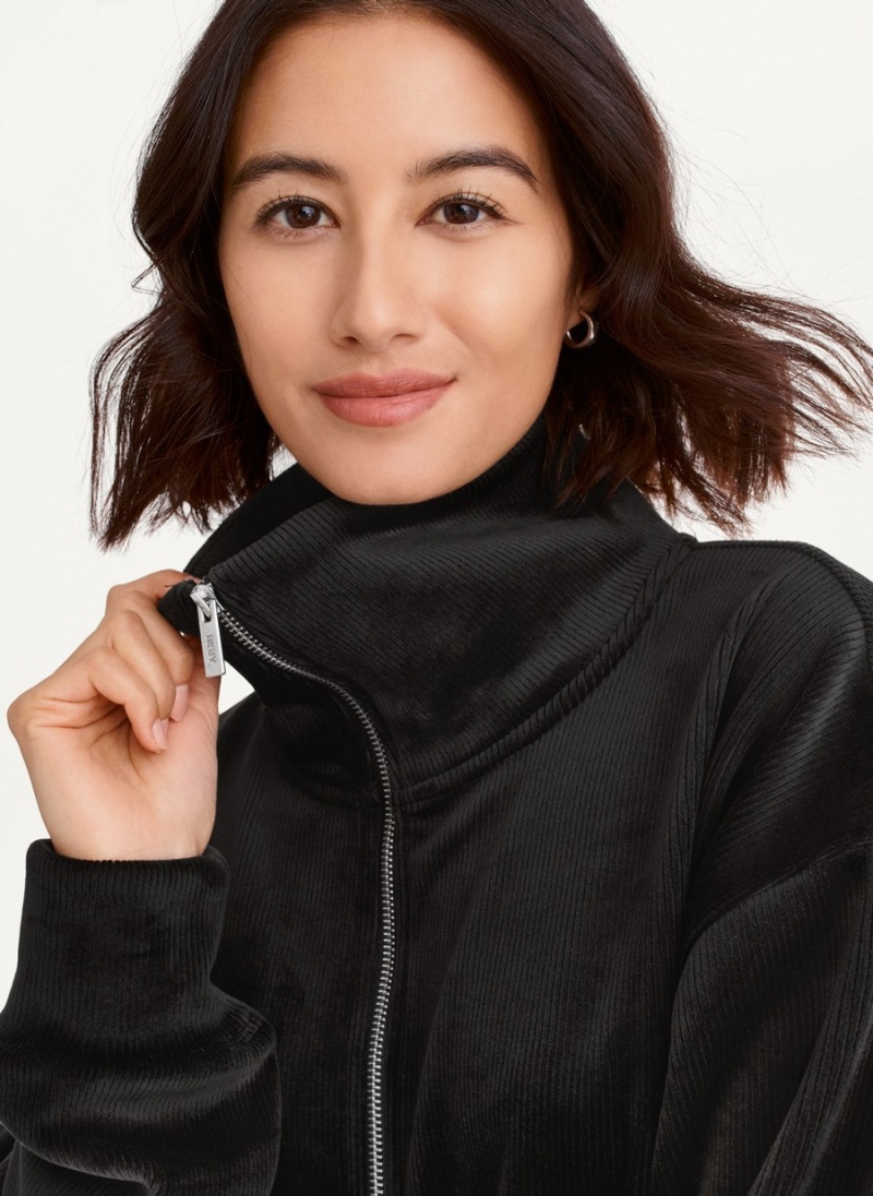 Black Dkny Tech Velour Rib Half Zip W/ Kanga Pocket Women's Pullover | T3227128