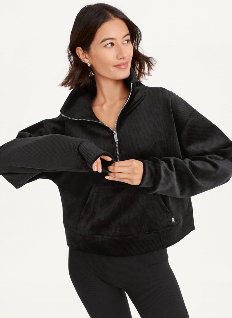 Black Dkny Tech Velour Rib Half Zip W/ Kanga Pocket Women's Pullover | T3227128