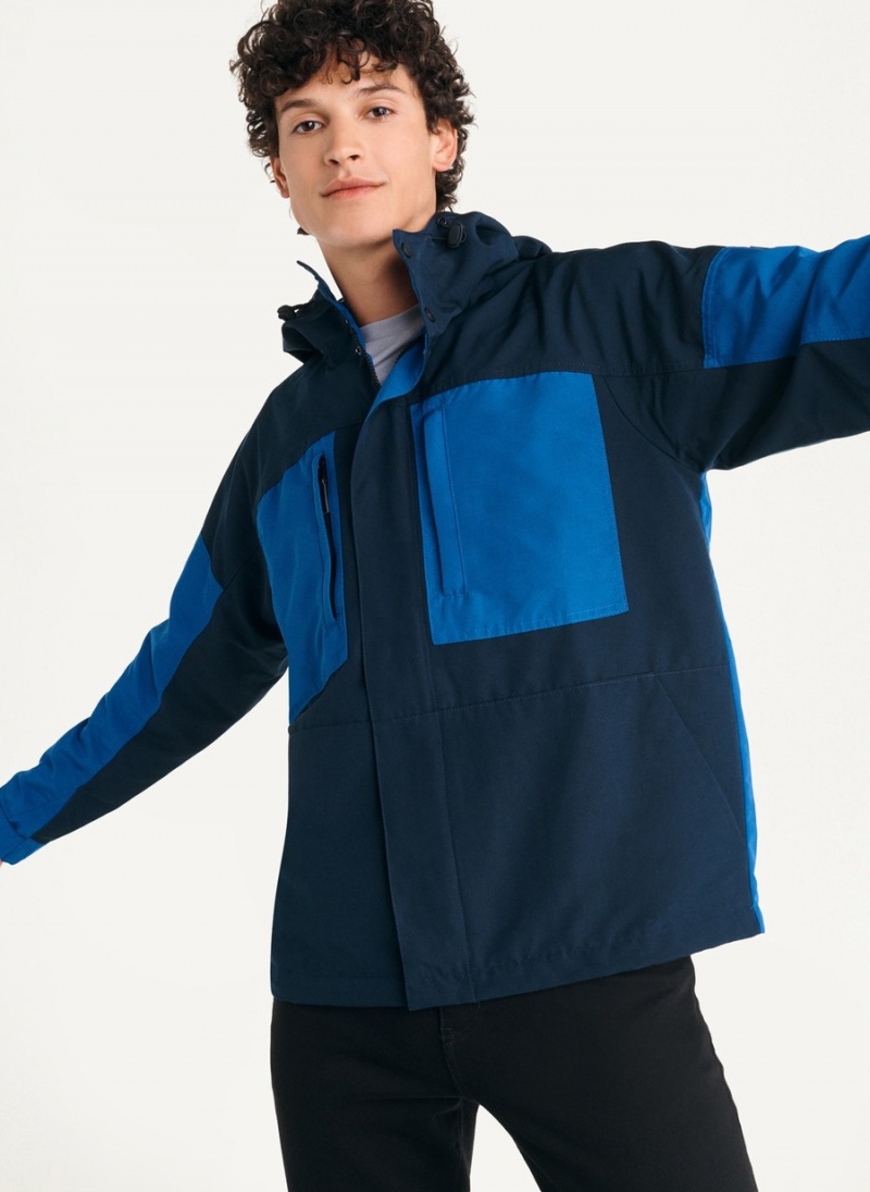 Navy Dkny Nylon Colorblock Four-Pocket Hooded Men's Jackets | Y9499572