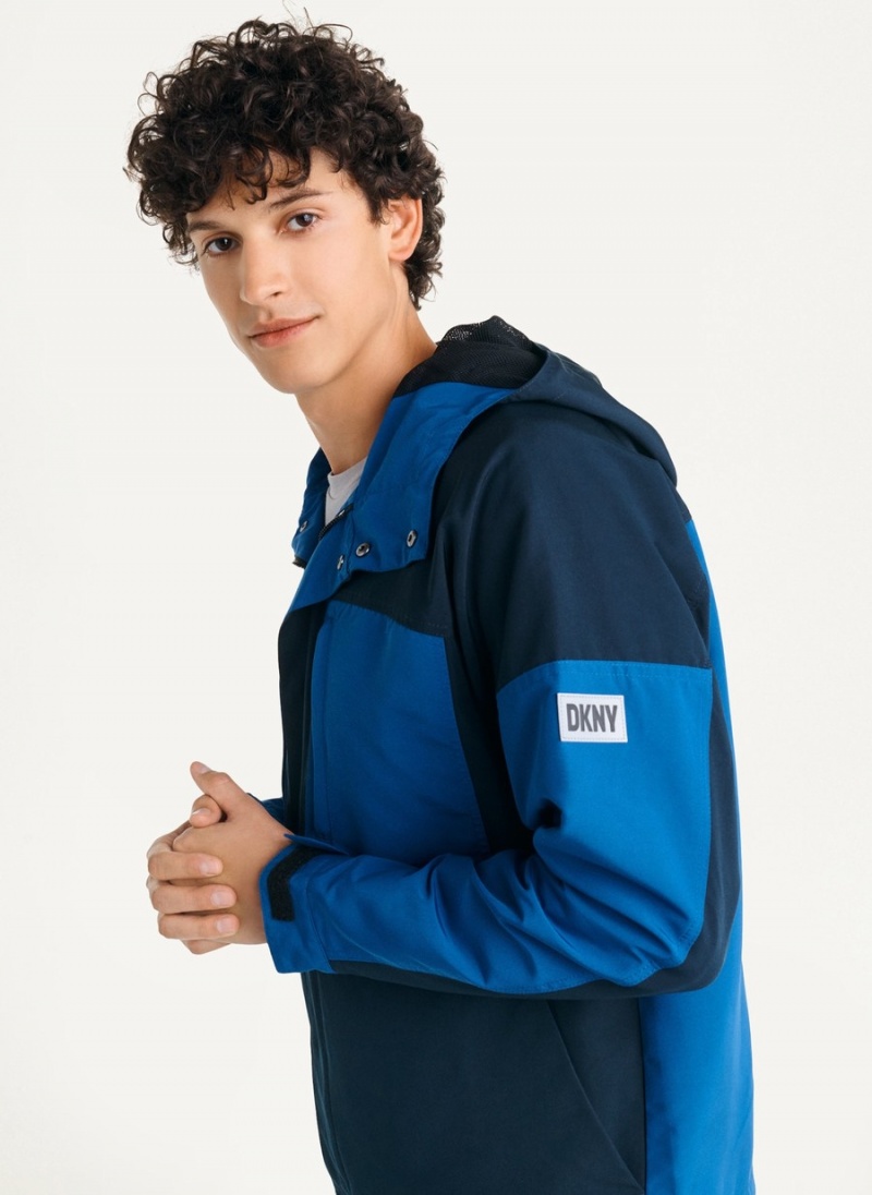 Navy Dkny Nylon Colorblock Four-Pocket Hooded Men's Jackets | Y9499572