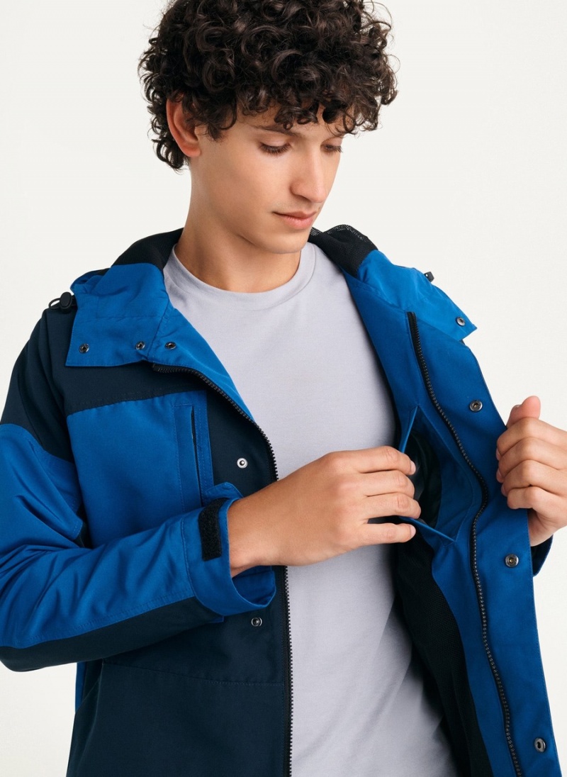 Navy Dkny Nylon Colorblock Four-Pocket Hooded Men's Jackets | Y9499572