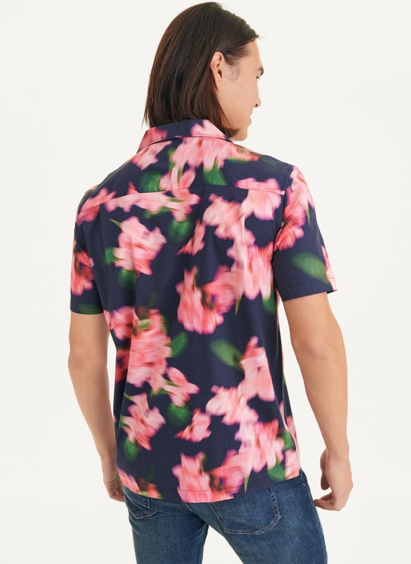 Navy Dkny Short Sleeve Camp Blurred Floral Men's Shirts | D9145396