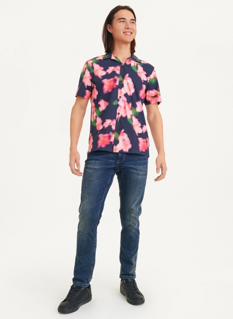 Navy Dkny Short Sleeve Camp Blurred Floral Men's Shirts | D9145396